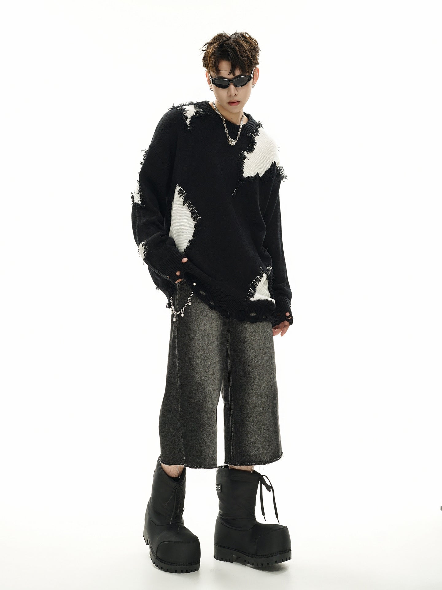 Pull en maille color block effet usé – Pull oversize à franges, style high-street