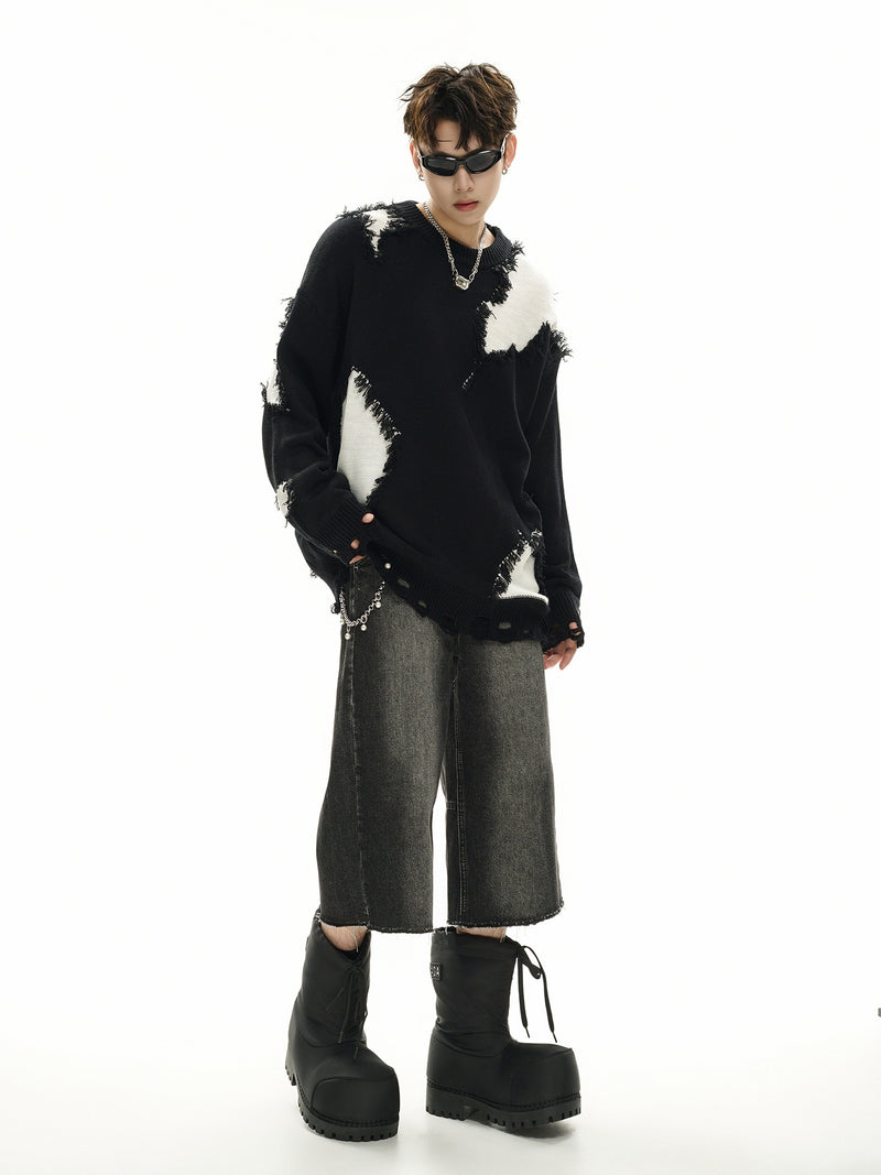 Pull en maille color block effet usé – Pull oversize à franges, style high-street