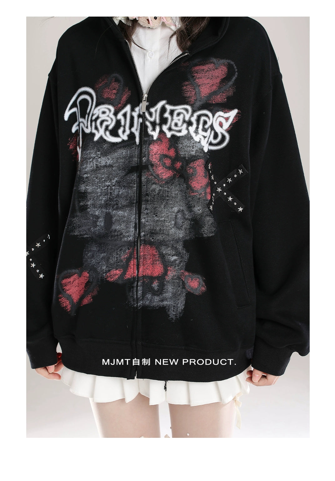 Gothic Hello Kitty Princess Hoodie – Oversized Zip-Up with Edgy Heart and Cross Graphics