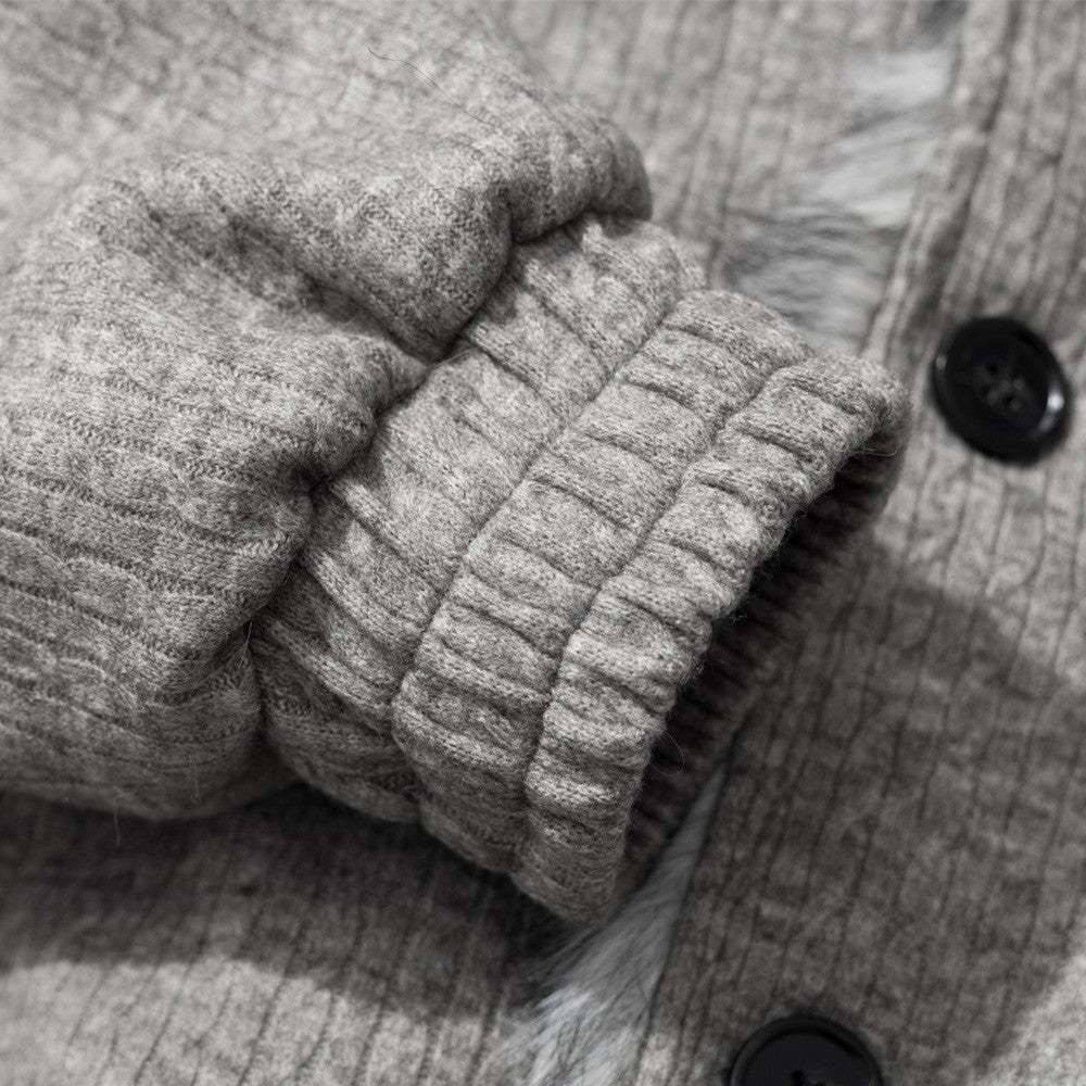 Men's Faux Fur Collar Double-Layer Knit Bomber Jacket