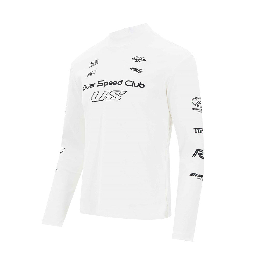 Over Speed Club Long Sleeve Graphic Tee – Mock Neck Racing Print Shirt