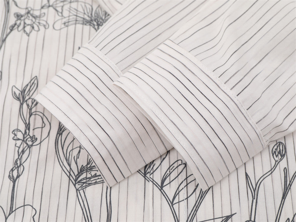 Striped Long Sleeve Shirt Men — Botanical Line Art Print, Relaxed Fit
