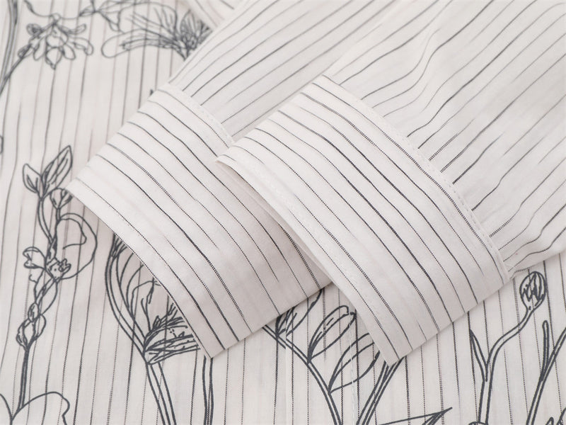 Striped Long Sleeve Shirt Men — Botanical Line Art Print, Relaxed Fit