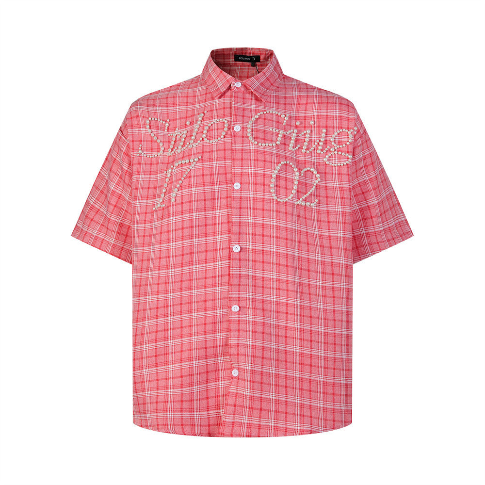 Oversized Plaid Short Sleeve Shirt with Pearl Bead Script Detail