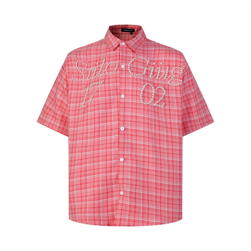 Oversized Plaid Short Sleeve Shirt with Pearl Bead Script Detail