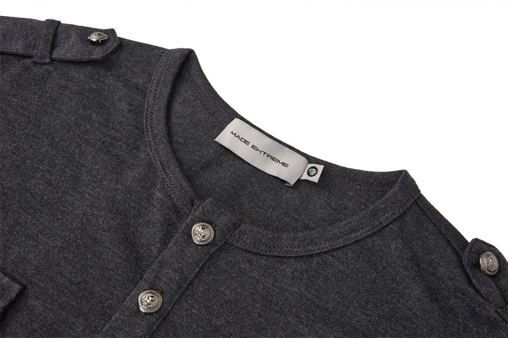 Men's Henley Long Sleeve T-Shirt with Metal Buttons & Dual Chest Pockets