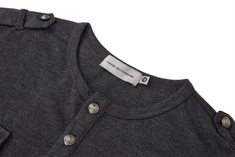 Men's Henley Long Sleeve T-Shirt with Metal Buttons & Dual Chest Pockets