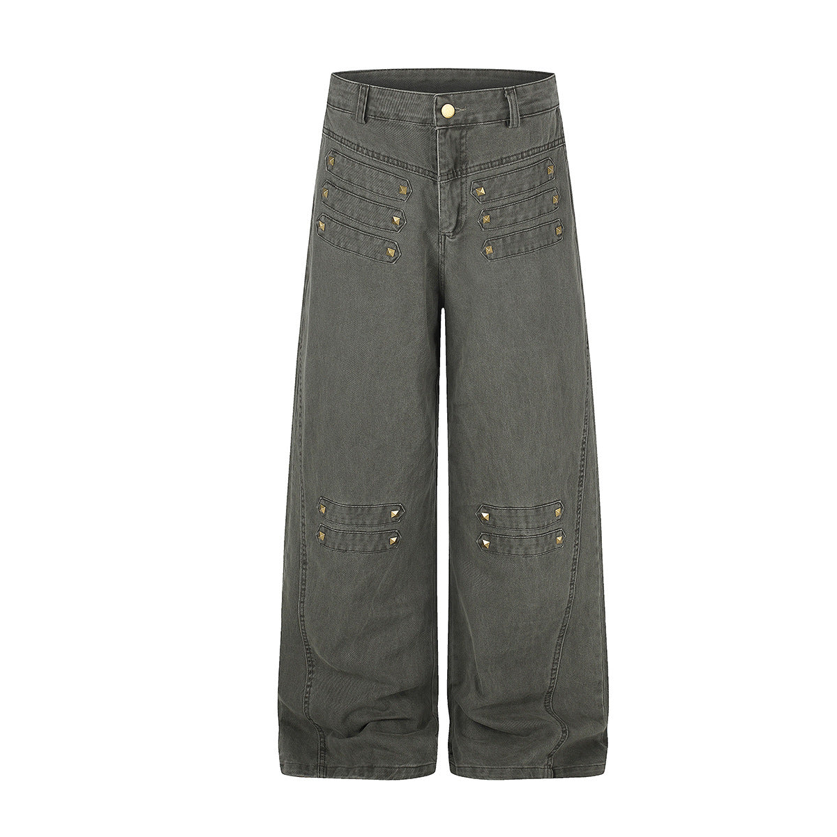 Wide-leg relaxed fit denim pants with gold pyramid studs and stitched panel details in army green and black