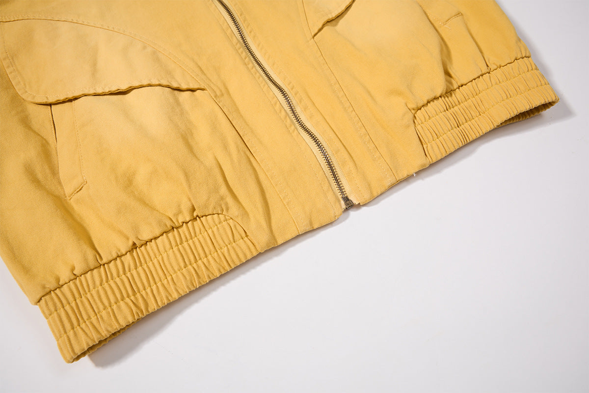 Retro American Washed Zip-Up Jacket with Corduroy Collar