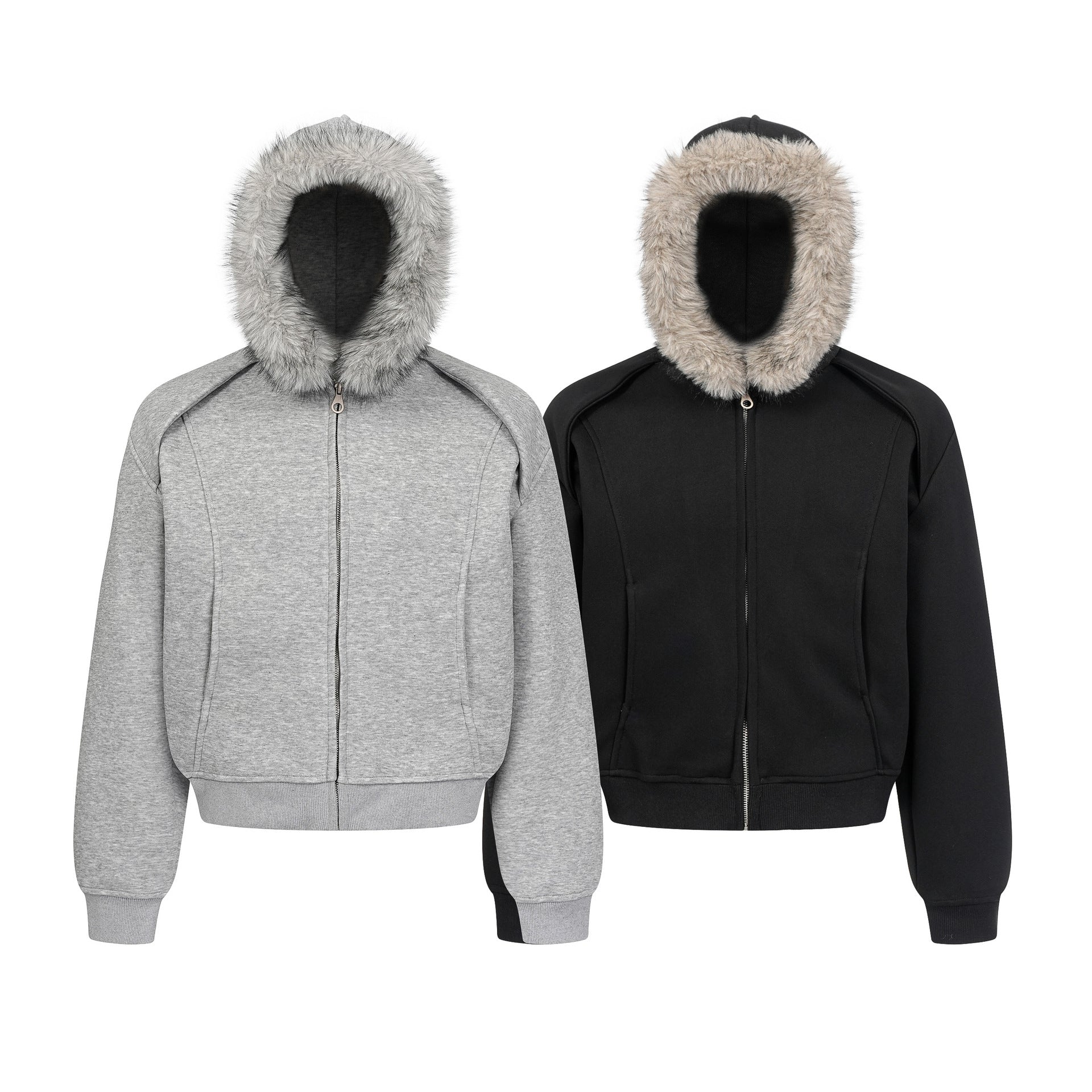 Faux Fur Hood Trim Zip-Up Hoodie Bomber Jacket – Oversized Streetwear Fit