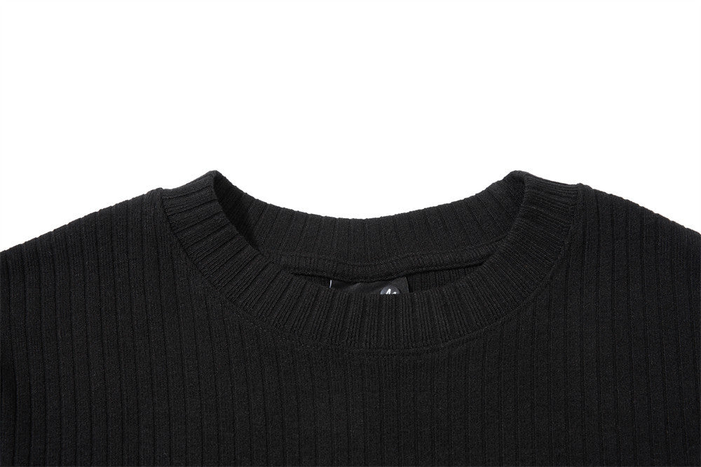 Men's Black Ribbed Long-Sleeve Sweatshirt with Distressed American Flag Graphic