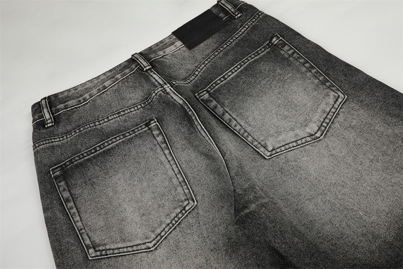 Wide-Leg Flare Jeans – Vintage Washed Black Distressed Denim with Crease Detail