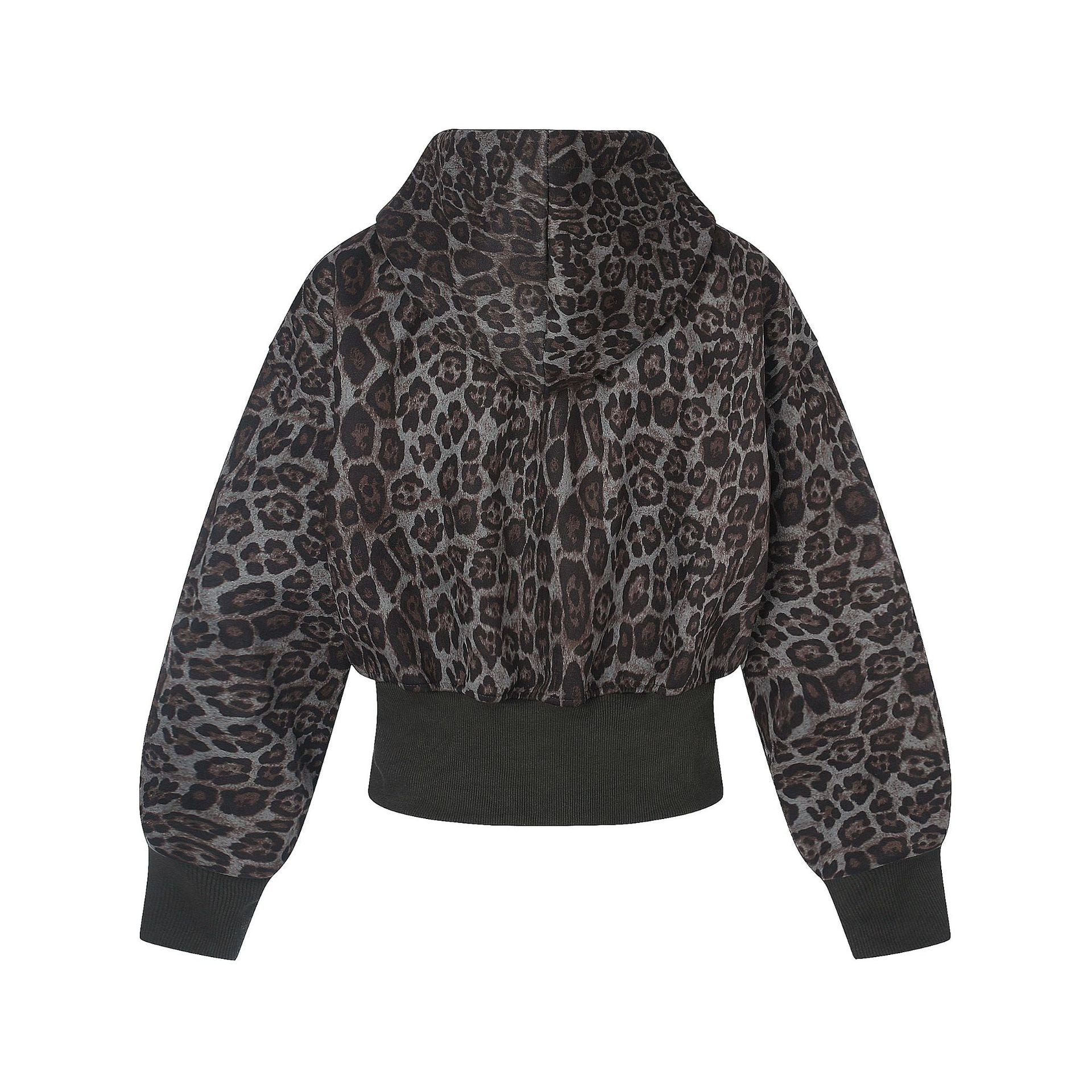 Veste à capuche courte zippée à imprimé léopard