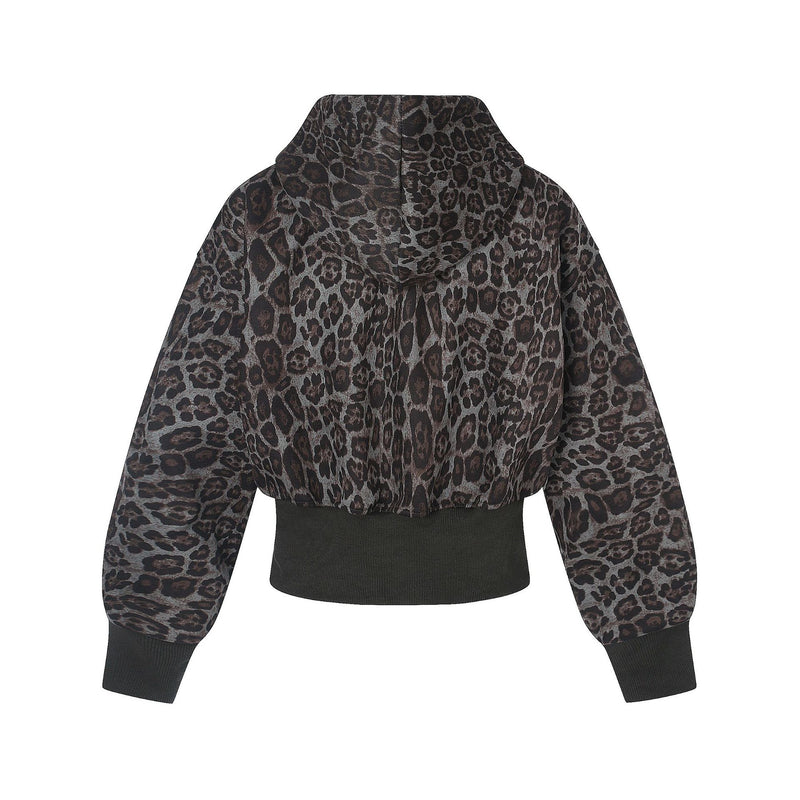 Veste à capuche courte zippée à imprimé léopard