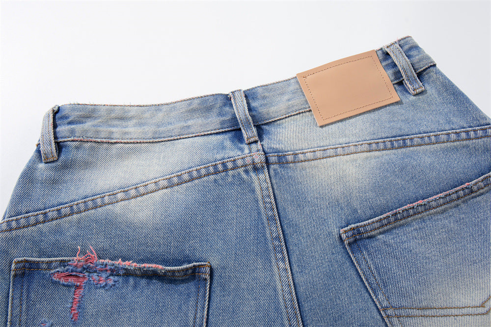 Ripped Wide-Leg Denim Shorts – Pink Thread Distressed, Washed Blue