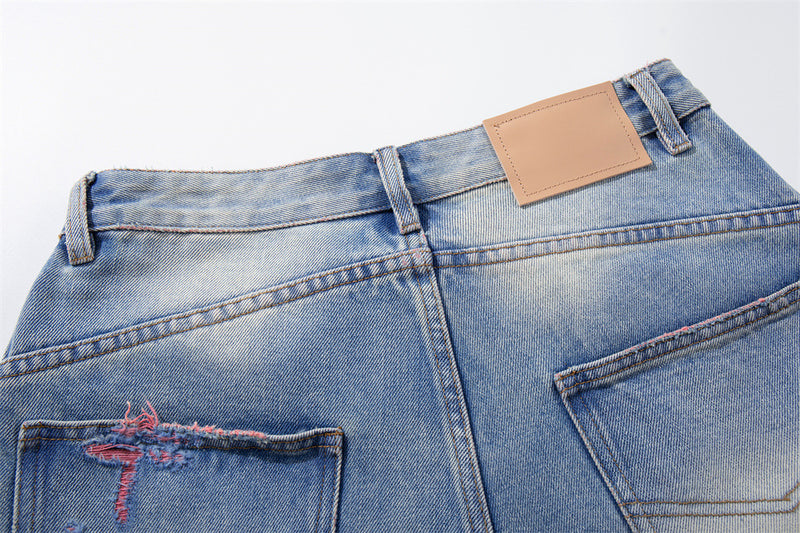 Ripped Wide-Leg Denim Shorts – Pink Thread Distressed, Washed Blue