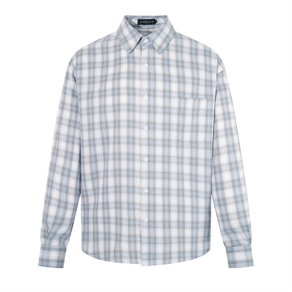 Men's oversized retro grey plaid long-sleeve button-up shirt with point collar and chest pocket, front and back view