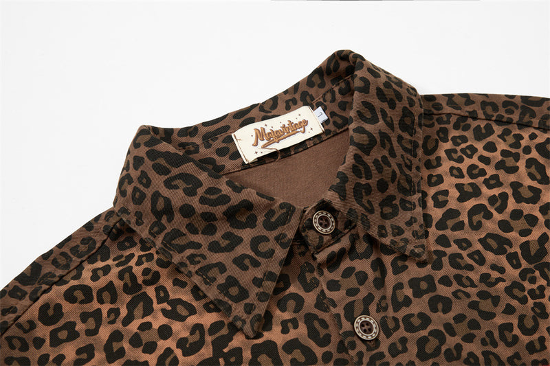 Leopard Print Short Sleeve Shirt with Heart Flocking Patch – Oversized Hip Hop B