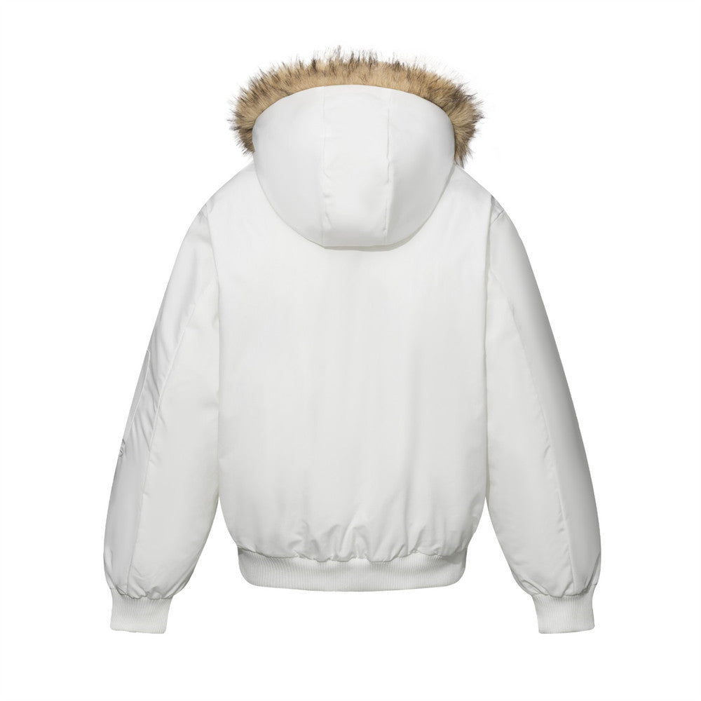Diagonal Zip Hooded Bomber Jacket with Faux Fur Trim – Oversized Winter Puffer