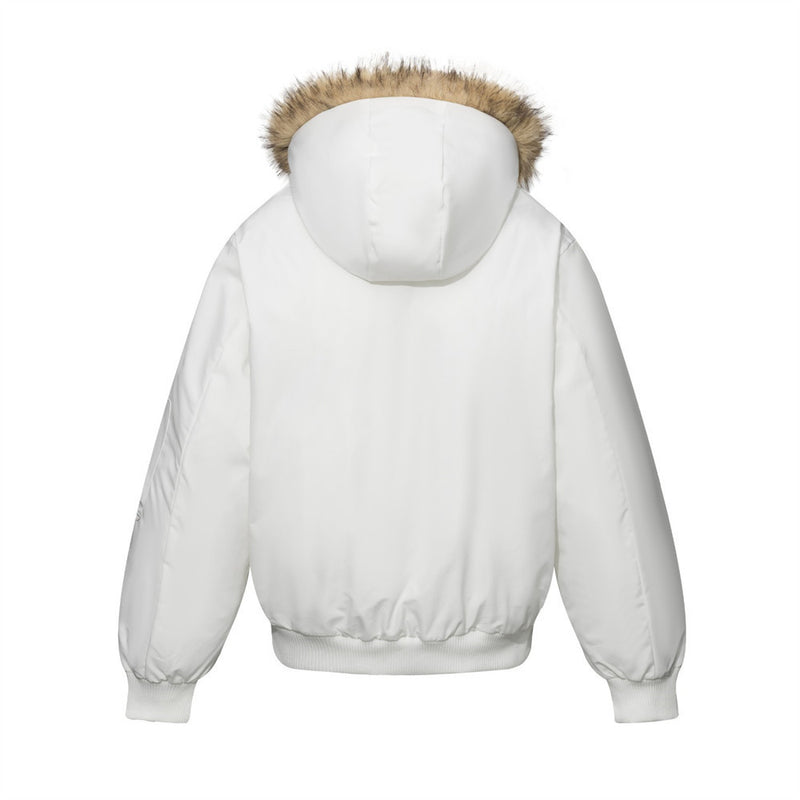 Diagonal Zip Hooded Bomber Jacket with Faux Fur Trim – Oversized Winter Puffer