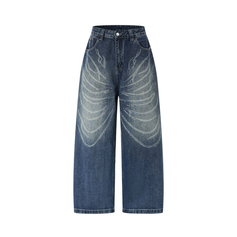 Men's Super Baggy Jeans – Rhinestone Wing Graphic Wide-Leg Denim, Washed Blue