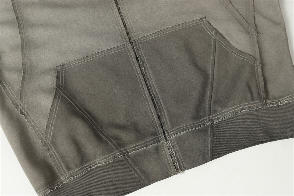 Oversized Zip-Hoodie – Gewaschenes Patchwork-Sweatshirt mit deconstructed Raw-Edge-Look