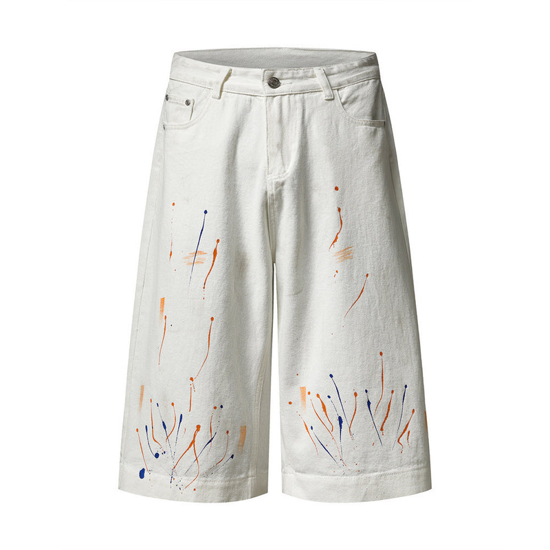 Paint Splatter Denim Shorts – Wide Leg Hip-Hop Street Style