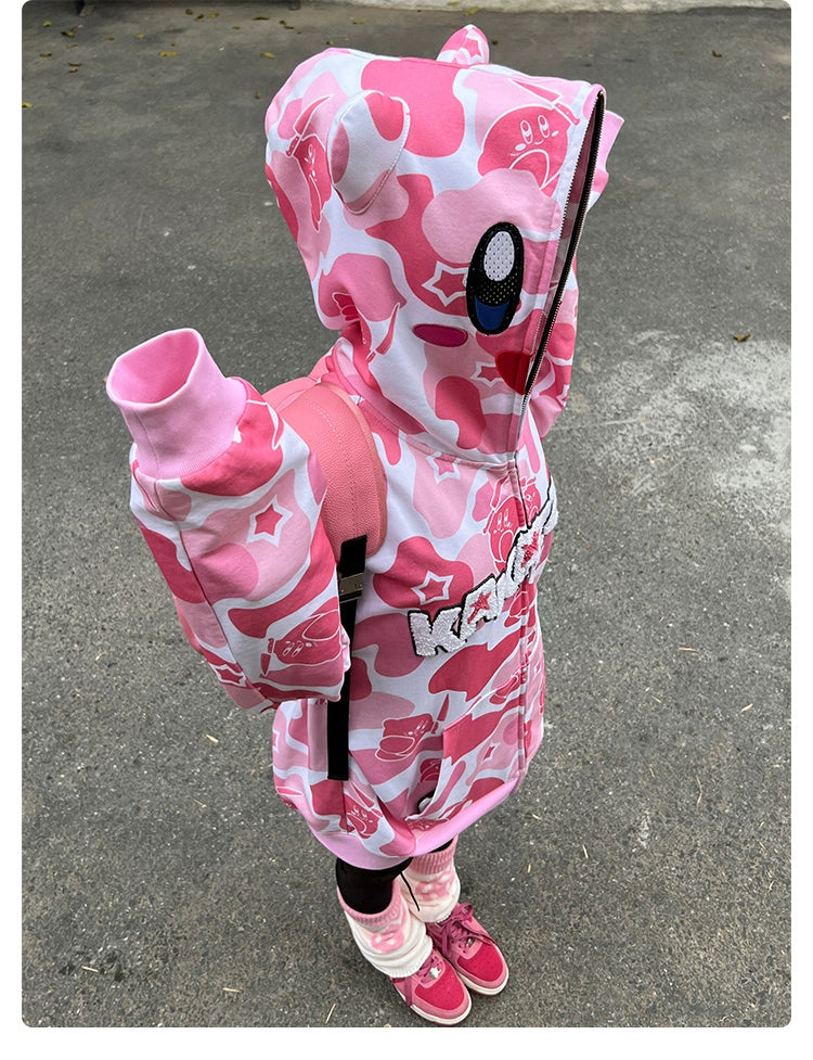 Pink Kirby-Inspired Hoodie - 400GSM Cotton with Camo Design and 3D Ears