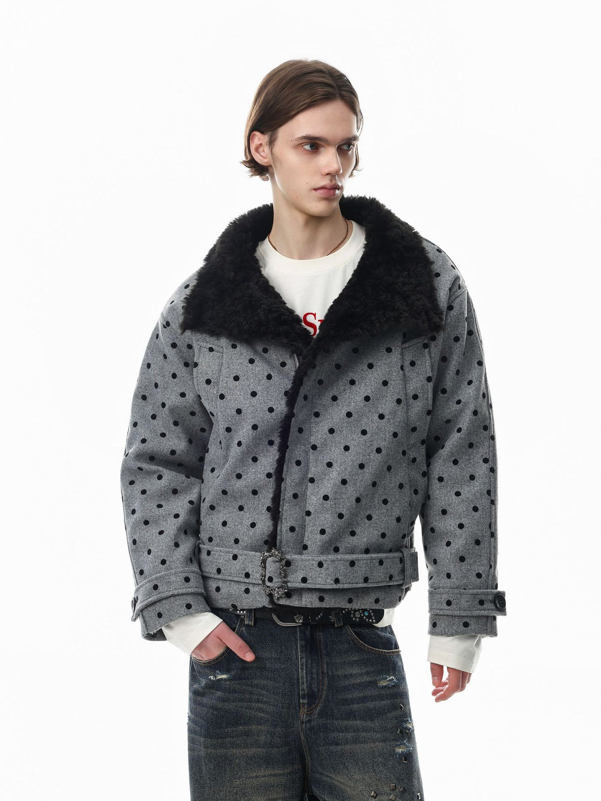 Oversized grey polka dot wool-blend jacket with black faux fur collar and belted waist, front and back view