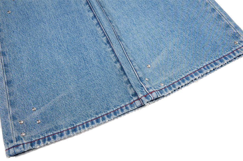Men's Distressed Wide-Leg Flare Jeans with Stud Details – Washed Blue