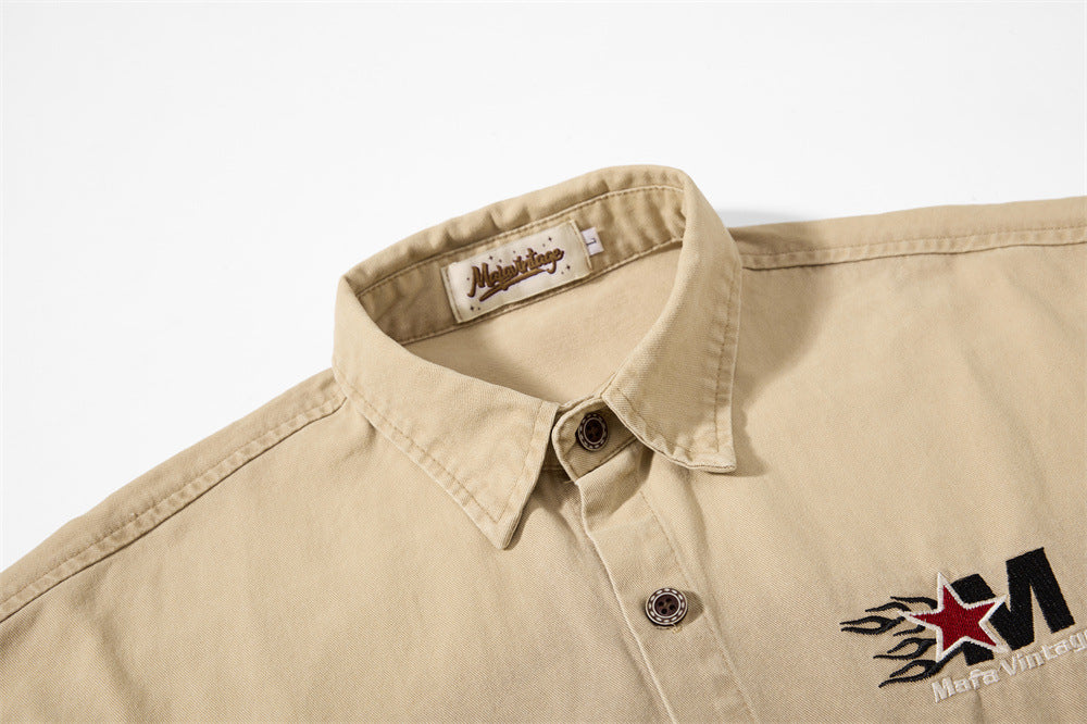 Mafa Vintage Racing Embroidered Short Sleeve Shirt – Washed Khaki Workwear Style