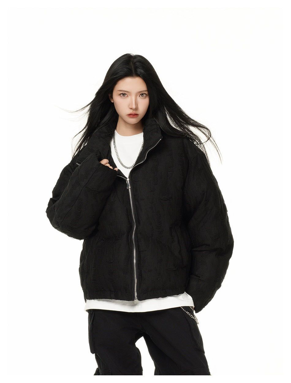 Distressed Texture Puffer Jacket Stand Collar Padded Coat