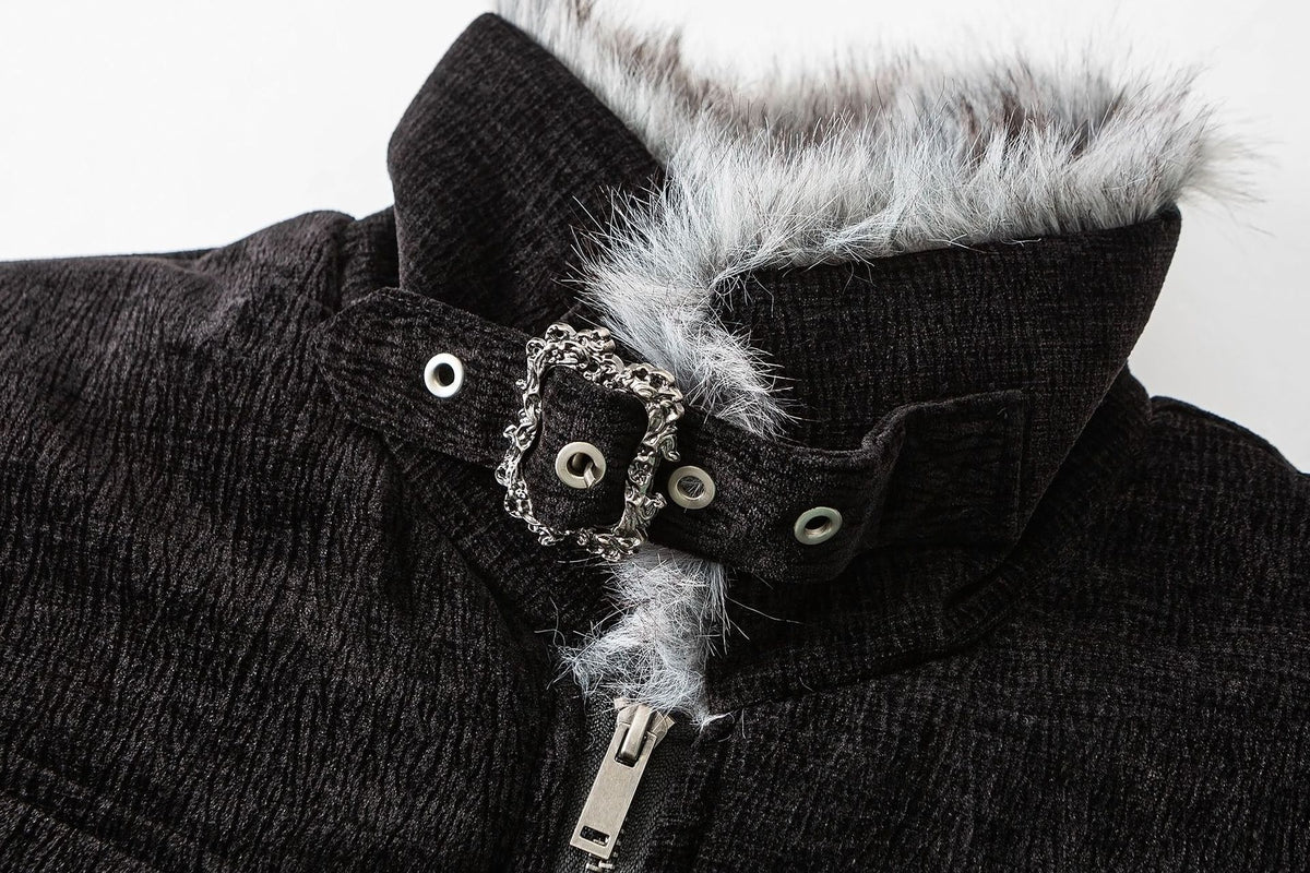 Faux Fur Lined Chenille Moto Jacket – Black Winter Biker Coat with Fur Collar &