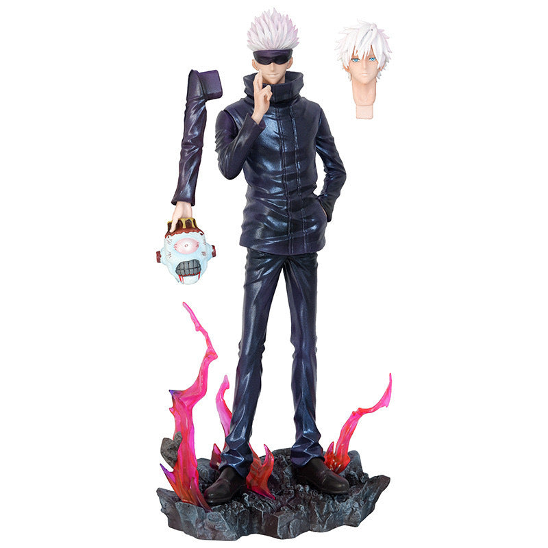 Jujutsu Kaisen Satoru Gojo PVC Figure features a 33 cm character in a dark outfit and sunglasses, on a rocky base with pink cursed energy effects. It includes an alternate head and a detached arm holding an eye-and-teeth round object, exuding the signature Jujutsu Kaisen figure style.