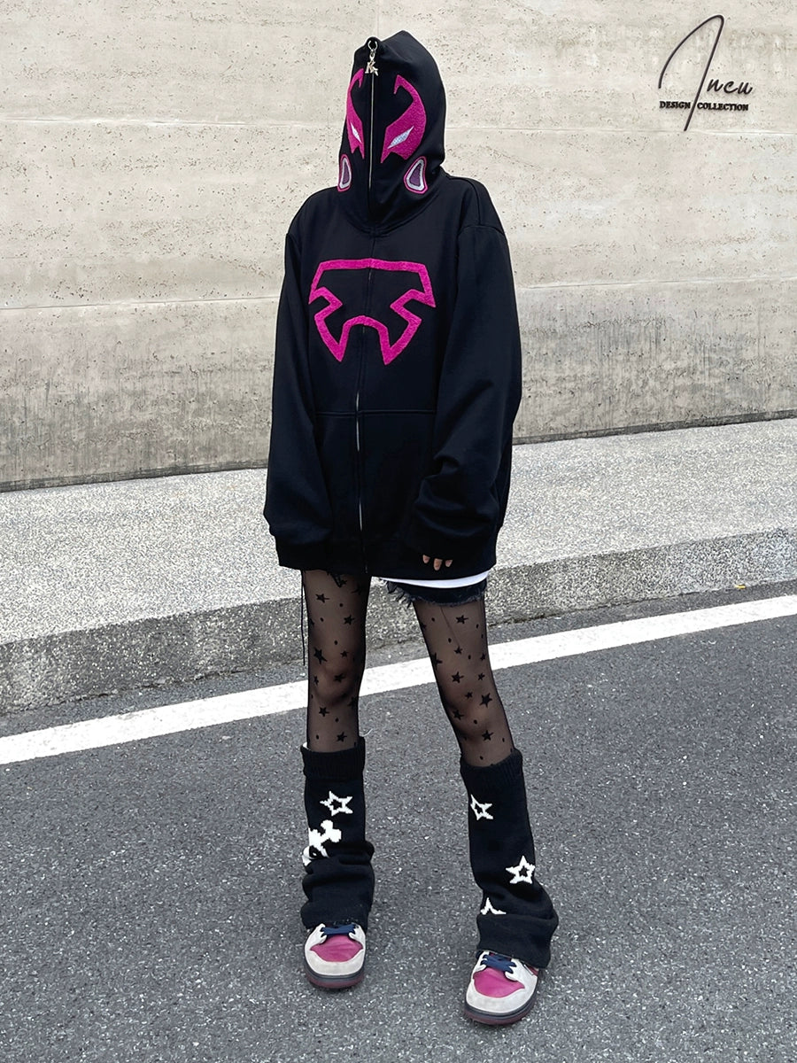 Futuristic Warrior Hoodie - 400GSM Oversized Sci-Fi Pink and Black Zip-Up Sweatshirt