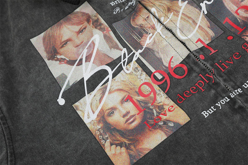Close-up of black jacket front graphic with portrait collage and red printed text