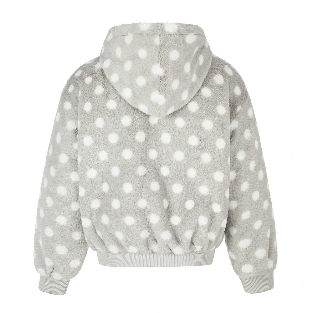 Polka Dot Faux Mink Hooded Zip Jacket – Oversized Streetwear Coat with Ornate