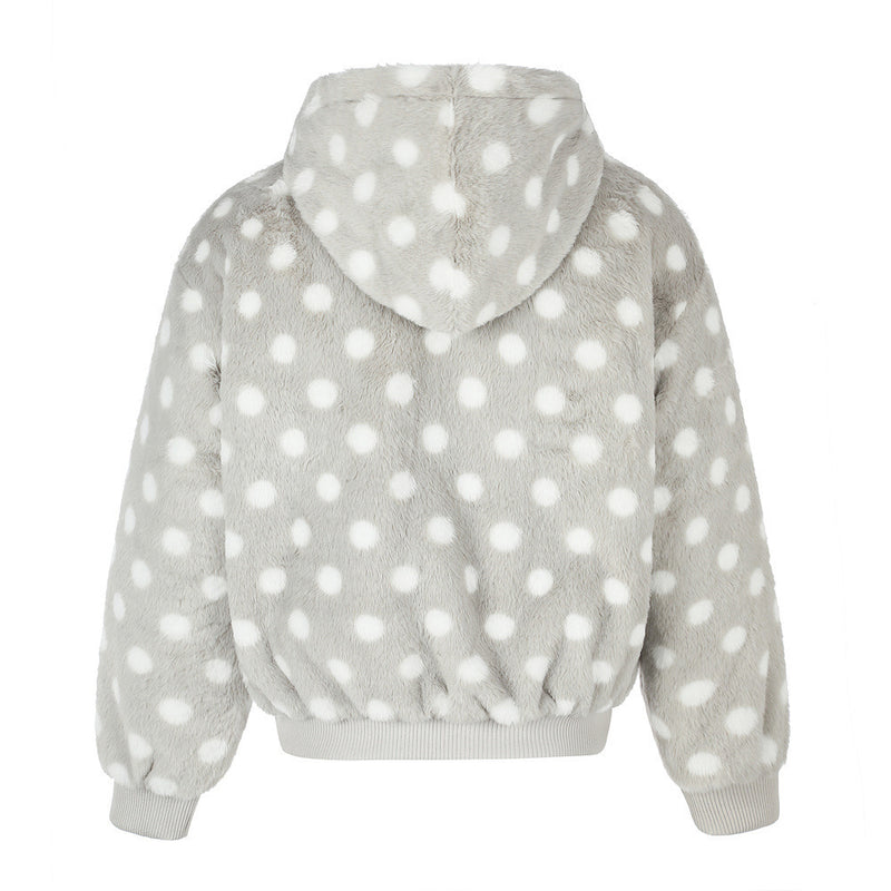Polka Dot Faux Mink Hooded Zip Jacket – Oversized Streetwear Coat with Ornate