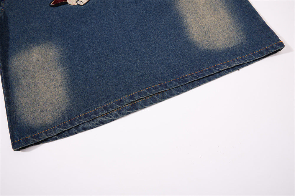 Vintage Washed Denim Sweatshirt – V-Neck Baseball Embroidery Oversized Pullover