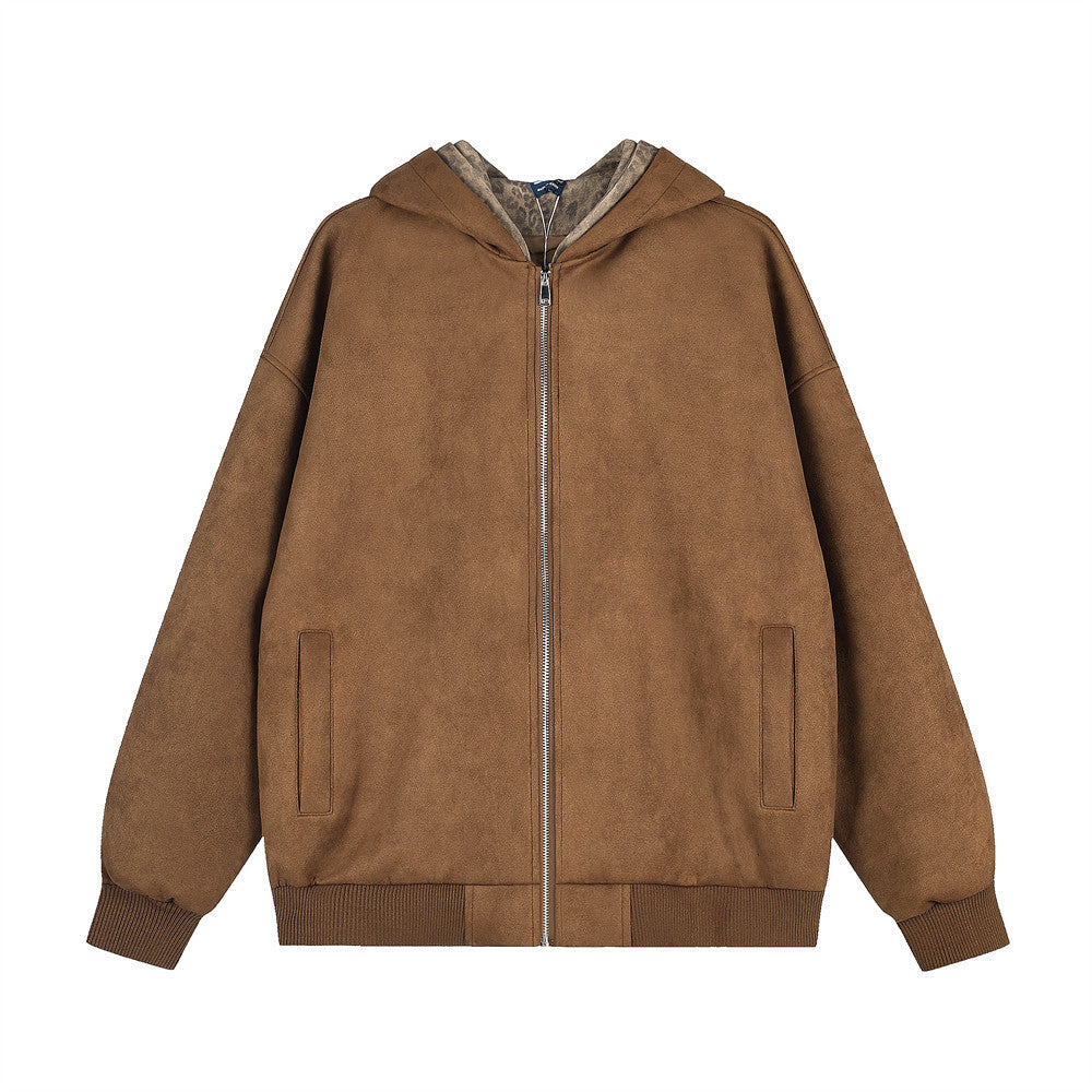 Veste zippée à capuche 2-en-1 – Extérieur effet daim et doublure polaire léopard