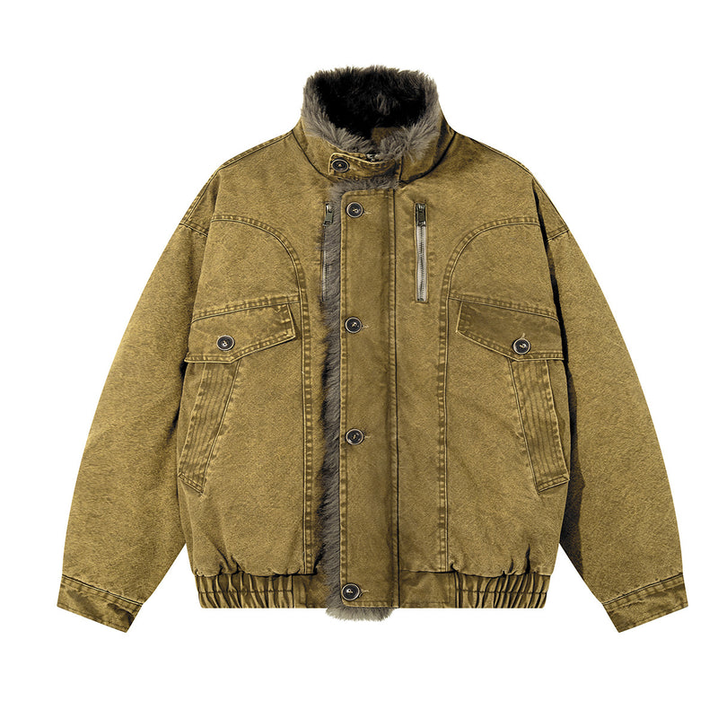 Washed Denim Fur-Collar Padded Jacket – Fleece-Lined Workwear Bomber