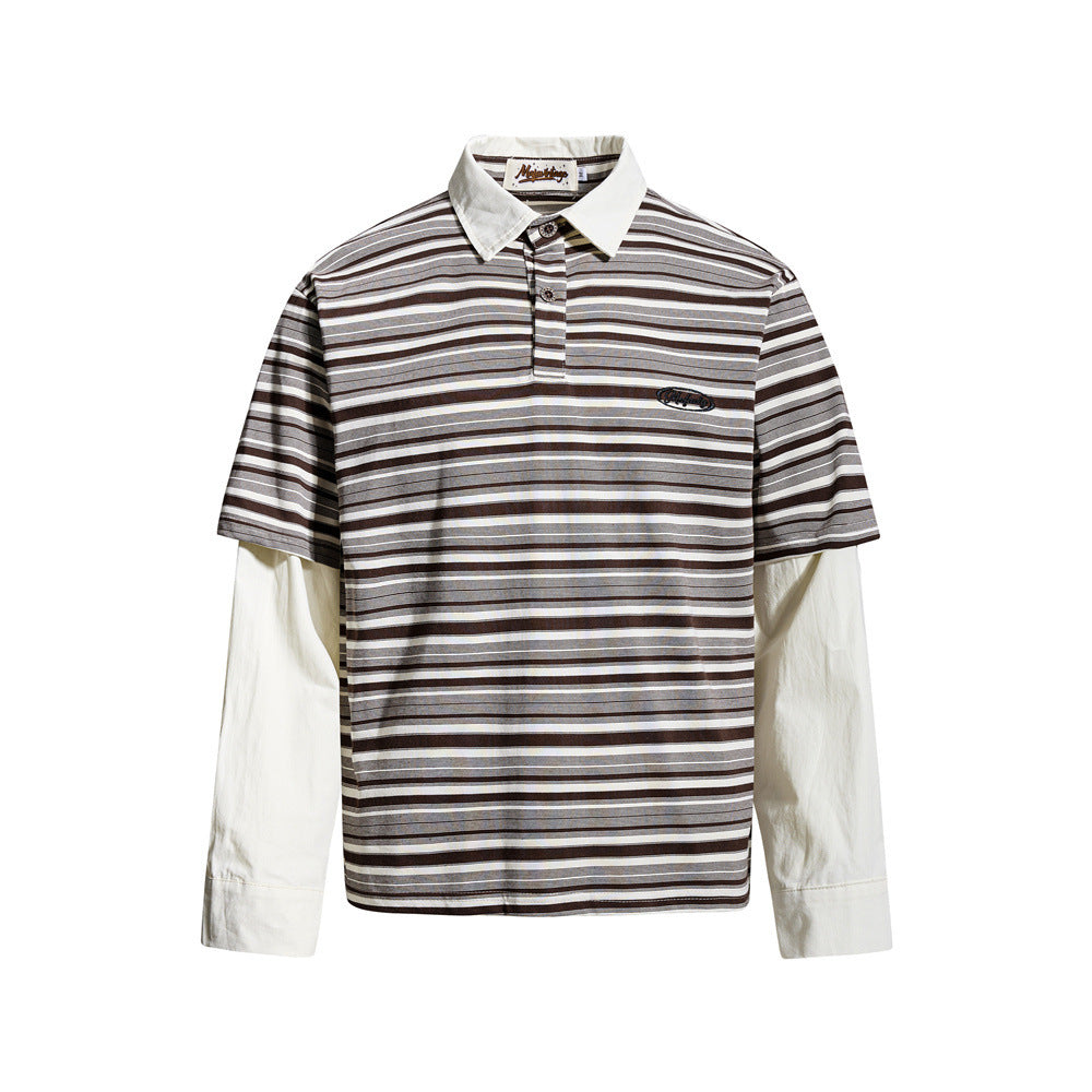 Striped Faux Two-Piece Polo Shirt – Relaxed Fit Long Sleeve with Contrast Woven