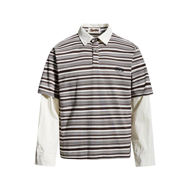 Striped Faux Two-Piece Polo Shirt – Relaxed Fit Long Sleeve with Contrast Woven
