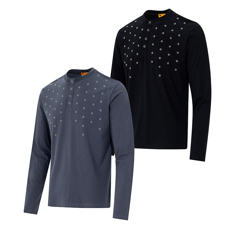 T-shirt Henley homme à manches longues avec détails à œillets – Coupe slim, style américain rétro