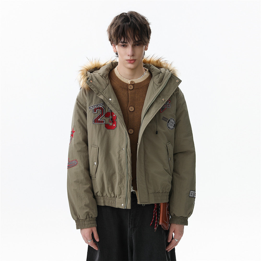 Men's Army Green Varsity Patch Faux Fur Hood Puffer Jacket