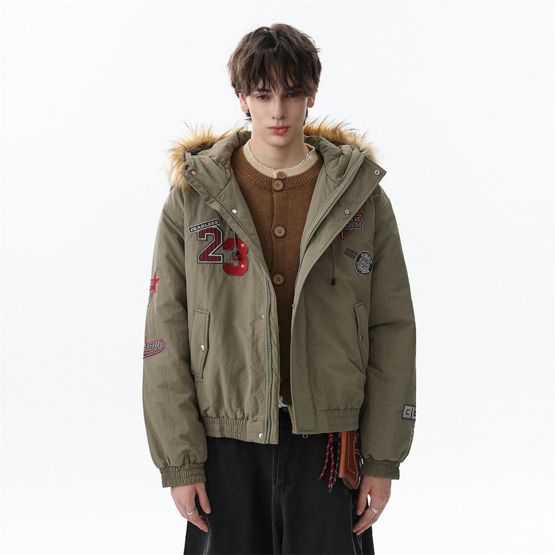 Men's Army Green Varsity Patch Faux Fur Hood Puffer Jacket