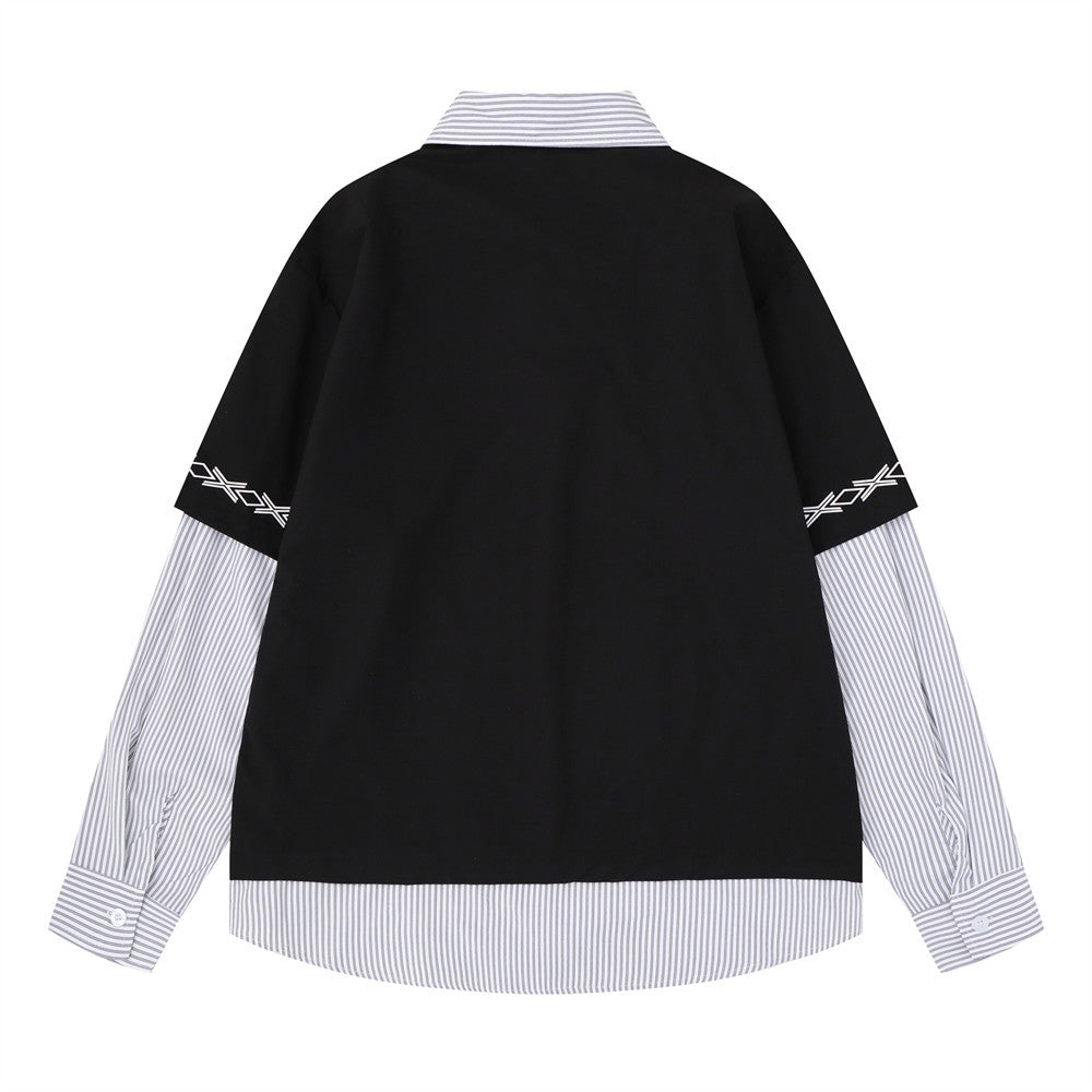 Layered Long Sleeve Shirt Men's Streetwear Faux Two-Piece Number 13 Embroidered
