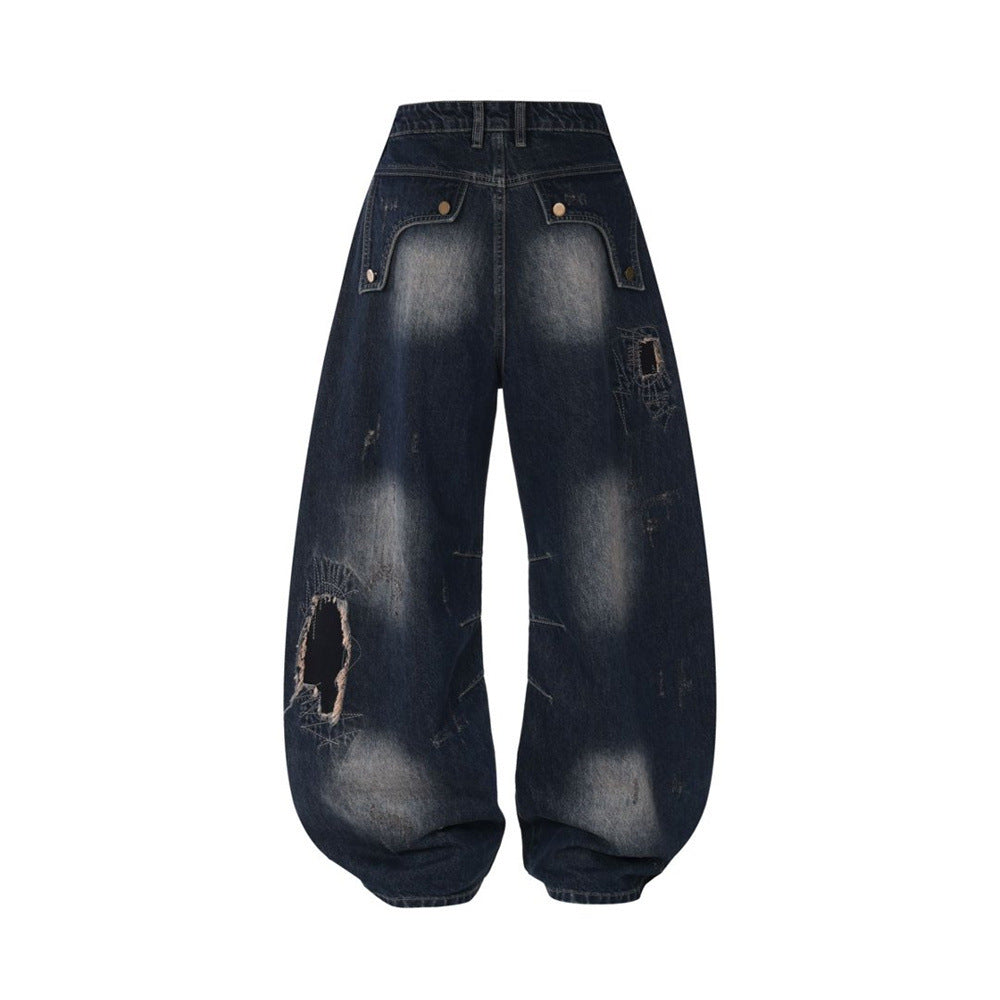 Distressed Patchwork Wide-Leg Jeans – Baggy Ripped Denim with Washed Finish