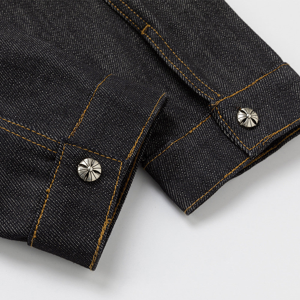 Men's Black Jean Jacket – Stand Collar, Asymmetric Placket & Cropped Silhouette