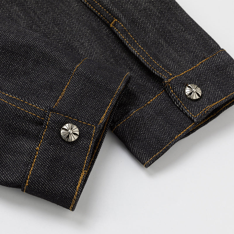 Men's Black Jean Jacket – Stand Collar, Asymmetric Placket & Cropped Silhouette